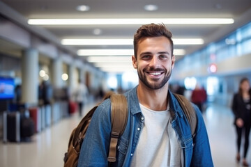 Young male tourist in airport with backpack, smilling and looking at camera