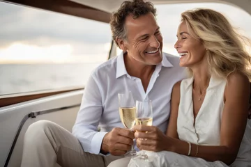 Rolgordijnen Smiling middle aged couple with champagne and looking at each other while sitting on the board of yacht. © ty