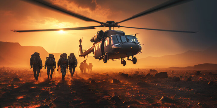 Soldiers patrolling as the helicopter begins its return to base camp.Generative AI.