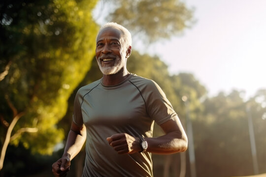 Portrait of an elderly african man in sportswear running in the park - Powered by Adobe