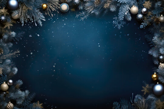 Dark blue Christmas decoration balls on dark background. Merry christmas and happy new year greeting card with copy space for text.