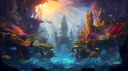 Fantasy underwater world. Fantasy landscape with ocean, fish and cave.