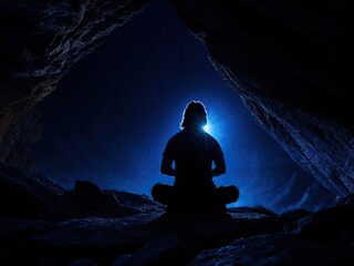 silhouette of a meditating man in a cave - obrazy, fototapety, plakaty