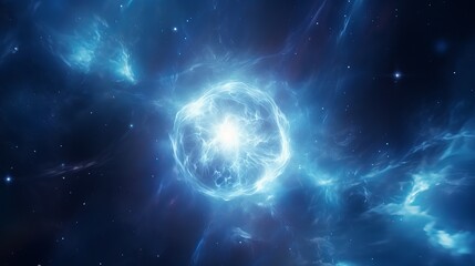 stunning blue and white nebula in space with sun, stars, planets, and galaxies - abstract fractal art, 3d digital graphic, space exploration beauty