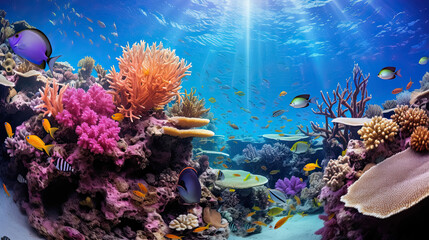 Fototapeta na wymiar Diverse soft corals and a shoal of fish in a tropical reef