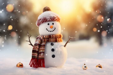 Cheerful Snowman Christmas Decoration in Winter Park with Beautiful Bokeh