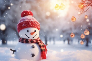 Naklejka na ściany i meble Cheerful Snowman Christmas Decoration in Winter Park with Beautiful Bokeh