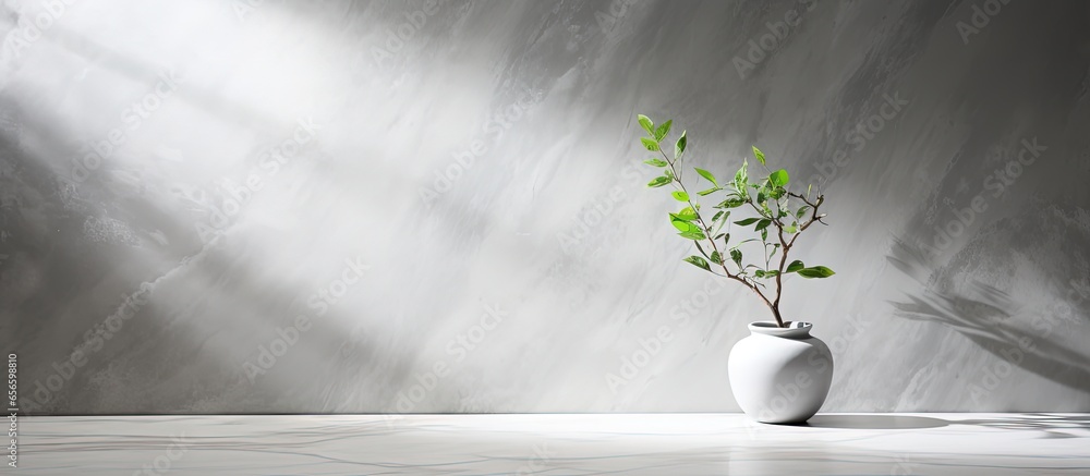 Poster white marble table with tree shadow on concrete wall texture background ideal for product presentati