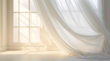 A white curtain hung in front of a window - obrazy, fototapety, plakaty