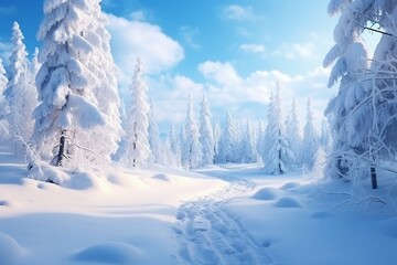 Winter Wonderland: Christmas Landscape with Snowy Trees and Blue Sky