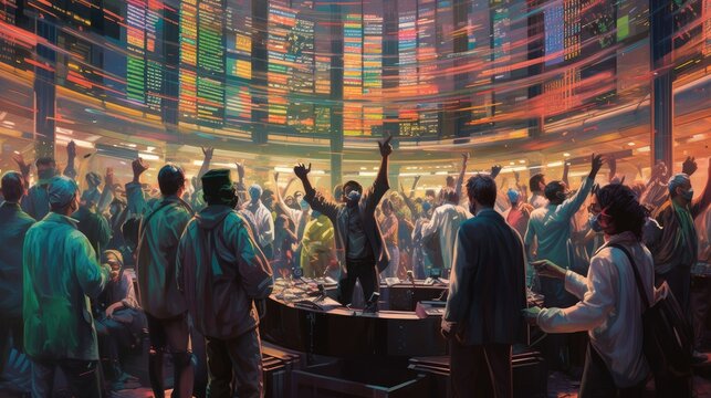 A bustling stock exchange floor filled with traders in colorful jackets gesturing and communicating