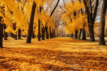 Vibrant Autumn Landscape: A Blanket of Yellow Leaves in a Sunny Natural Park