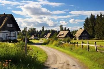 A clean European village road bathes in the gentle light of the evening sun, providing a peaceful and pleasant scene. A quaint hut stands quietly beside the road, surrounded by lush greenery