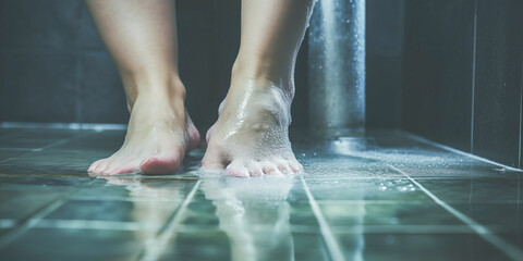 Captivating close-up of moist feet stepping on wet tiled floor with water puddle post-shower.