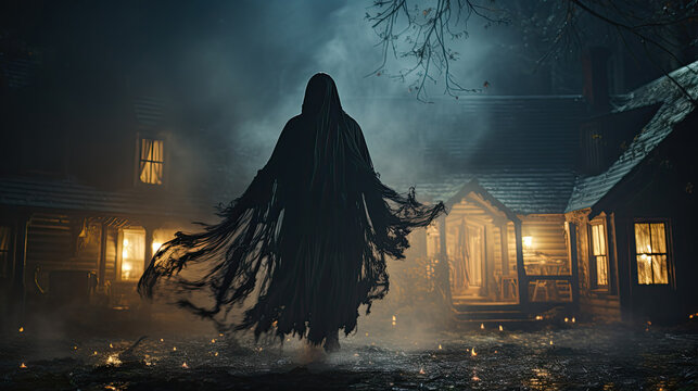 The dementor flying in the air outside the house.