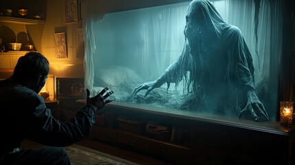 The dementor flying through the television screen in living room at mid night
