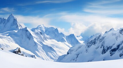 Fototapeta na wymiar Panoramic view of snow covered mountains and blue sky with clouds