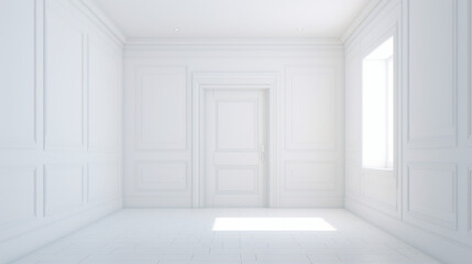 Fototapeta premium A white hallway with a door and a light 