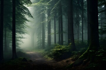 Mysterious dark forest with fog and light. Panoramic image