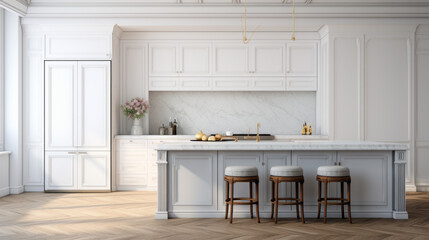 A white kitchen with marble countertops a few cabinets and a large refrigerator - obrazy, fototapety, plakaty