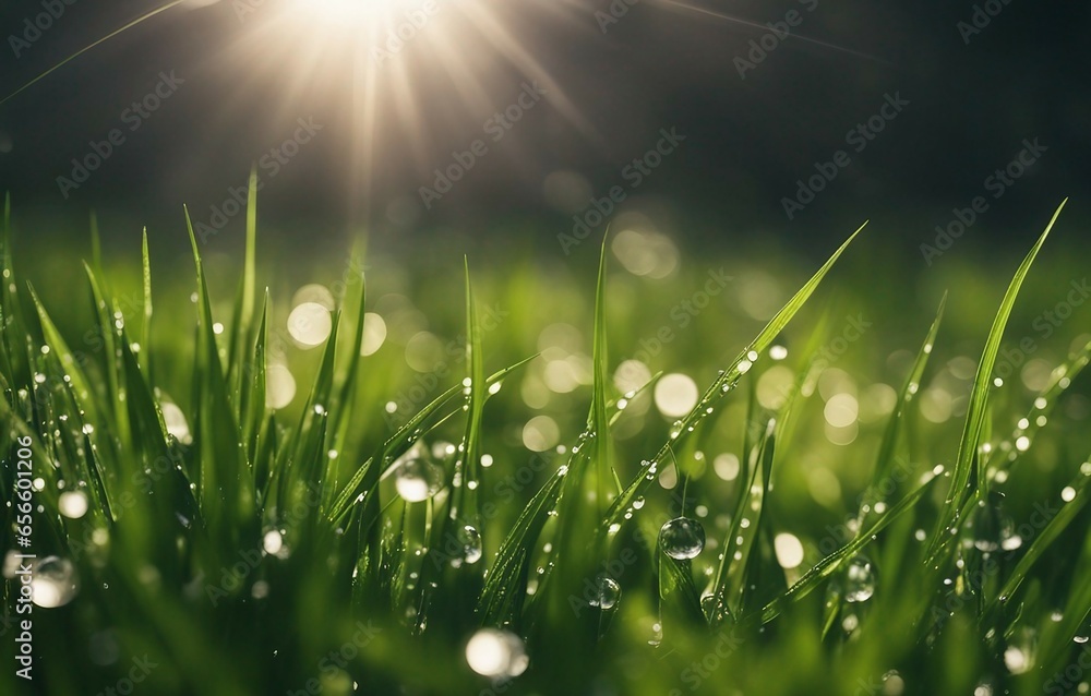 Poster original beautiful background image in banner format of juicy freshgrass with dew drops illuminated