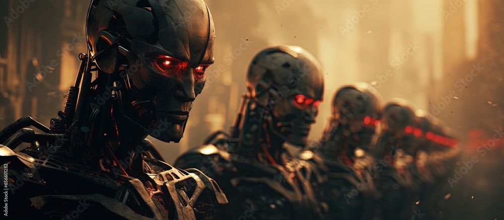 Poster robotic cyborgs depicting social media bots pose an ai threat evoking fears of neural networks with 