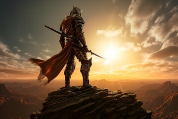 3D CG rendering of fantasy warrior on the top of a mountain - obrazy, fototapety, plakaty