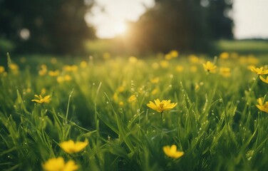 Spring summer natural background. Juicy young green grass and wild yellow flowers on the lawn outdoor