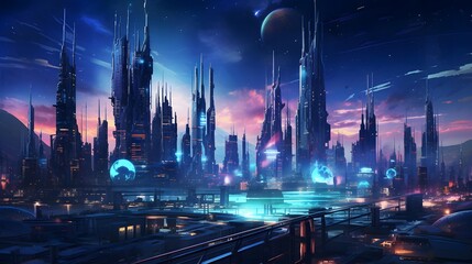 Futuristic city at night. 3D illustration. Futuristic city.