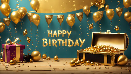 happy birthday golden text background with gold treasure