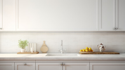 A white kitchen counter with white cabinets