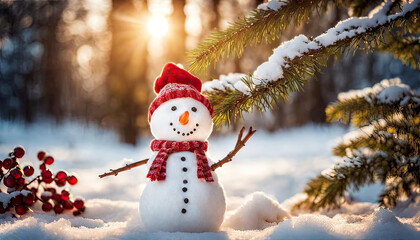 Obraz premium Snowman smiling and standing in snowfall with Christmas ornament. Winter morning landscape, bokeh forest background 
