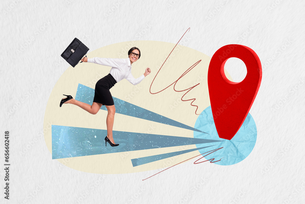 Aufkleber creative composite abstract photo collage of happy woman hurry run with bag on meeting at destinatio