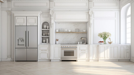 Obrazy na Plexi  A white kitchen with marble countertops a few cabinets and a large refrigerator