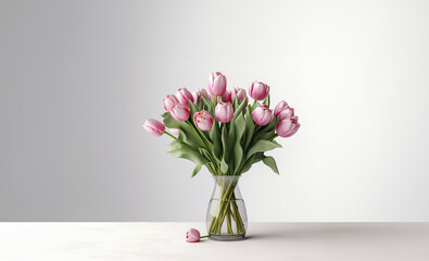 a vase of pink tulips on a table