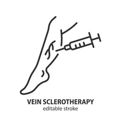 Sclerotherapy treatment line icon. Removal of varicose veins on leg. Editable stroke. Vector illustration. - 656603462