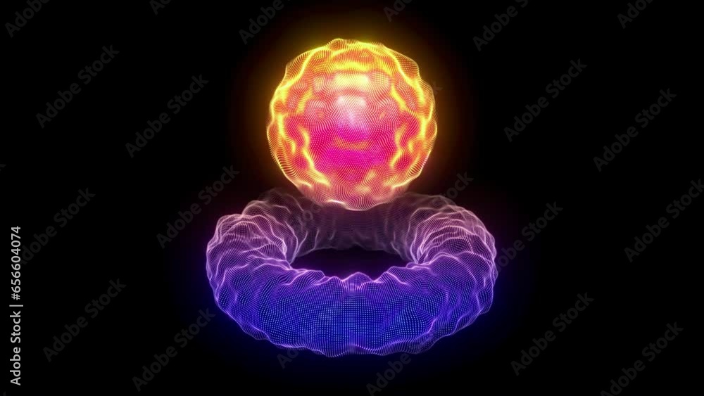 Aufkleber 3d rotating neon torus and bright glowing sphere with pixel waves on surface on black background. co