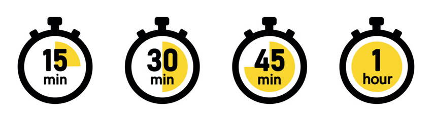 Set of Timer icons . Stopwatch symbol, quick time, countdown timer, speed measurements. Vector.