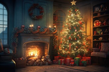 Interior livingroom for christmas tree and various gift boxes for Christmas day. Christmas tree at home has happy moments. Preparing for holiday. Happiness Christmas day. Have fun. X-mas concept.