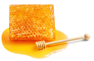 Organic  Honey and  Honeycomb isolated on white background, top view. Flat lay