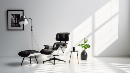 A white room with a single black leather chair set in the corner