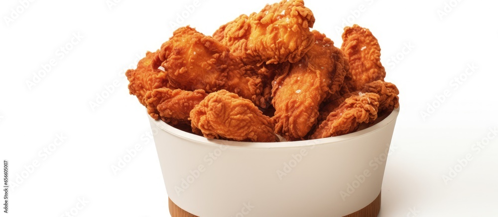 Poster fried chicken on white backdrop isolated with clipping path with copyspace for text