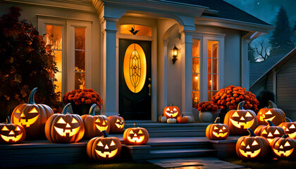 Obraz premium Halloween pumpkins near the entrance to the house for the holiday