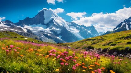 Panoramic view of the alpine meadow with flowers. - obrazy, fototapety, plakaty