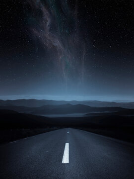 empty road under starry sky, night landscape