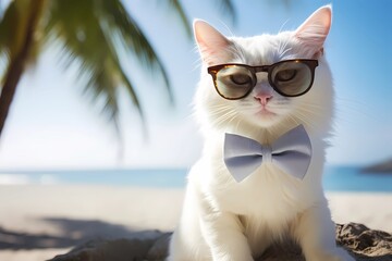 White cat with glasses and jacket on the beach