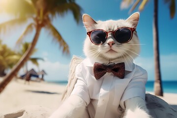 White cat with glasses and jacket on the beach