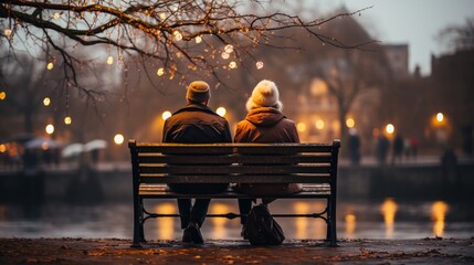 a backside view of an elderly couple sitting on a park bench, holding hands, and reminiscing about their decades-long love story