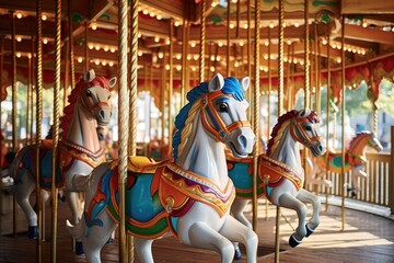 carousel with wooden horses in an amusement park (Generative AI) - obrazy, fototapety, plakaty