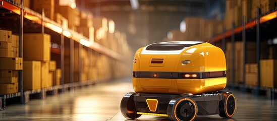 Smart autonomous robot AGV in industry 4 0 used for warehouse logistics and transport with automated robot handling cardboard boxes in factory production visualized in with copy